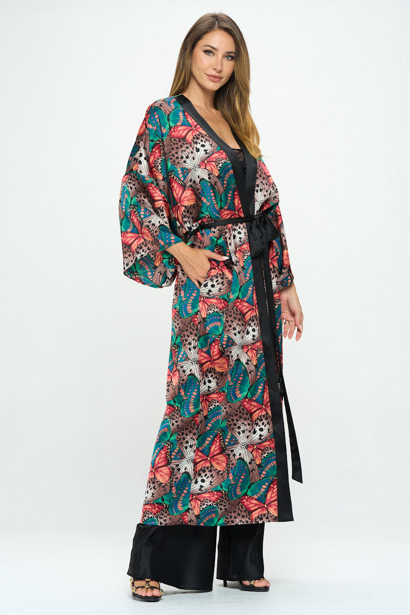 Satin Butterfly Print Open Front Long Kimono-Kimonos-Reneecollection-Urbanheer
