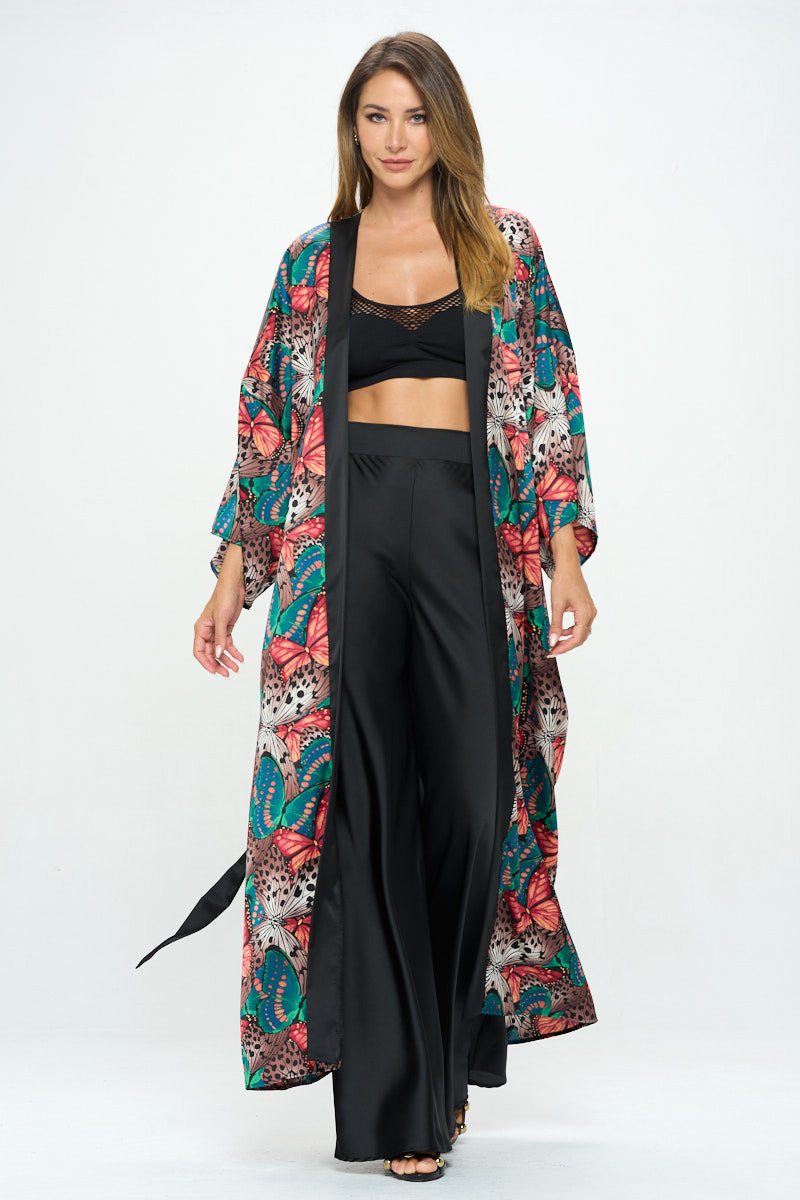 Satin Butterfly Print Open Front Long Kimono-Kimonos-Reneecollection-Urbanheer
