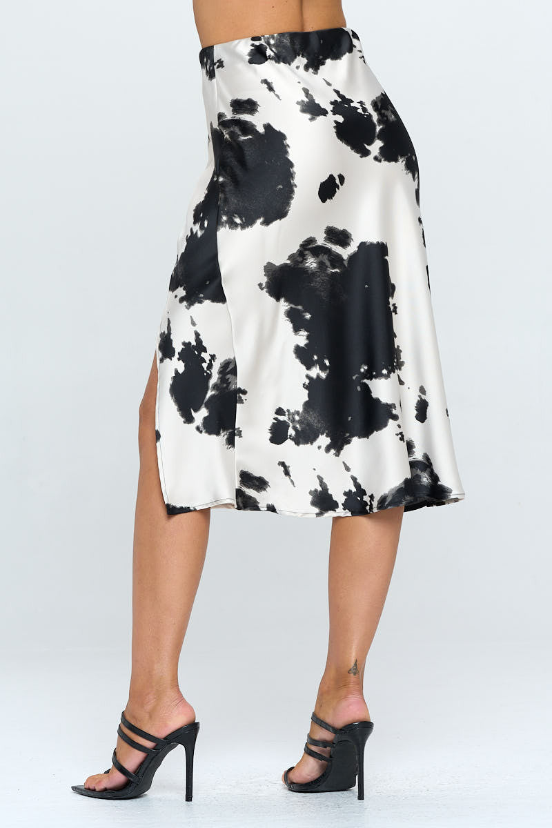 Satin Cow Print Midi Skirt with Slit-Skirts-Reneecollection-IVORY/BLACK-Small-Urbanheer