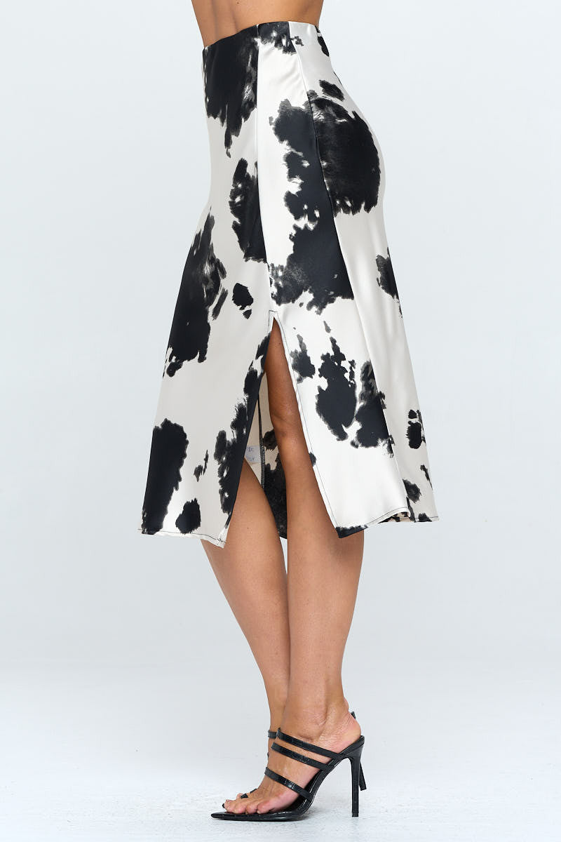 Satin Cow Print Midi Skirt with Slit-Skirts-Reneecollection-IVORY/BLACK-Small-Urbanheer