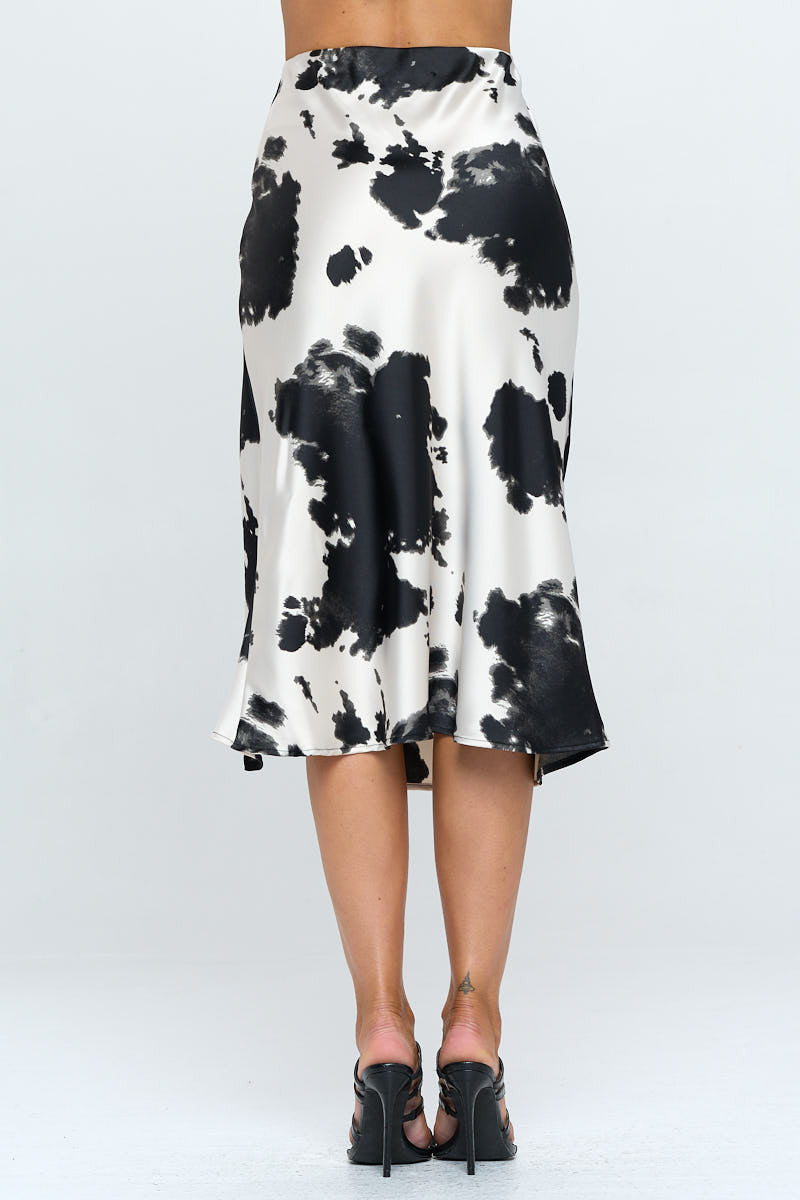 Satin Cow Print Midi Skirt with Slit-Skirts-Reneecollection-IVORY/BLACK-Small-Urbanheer
