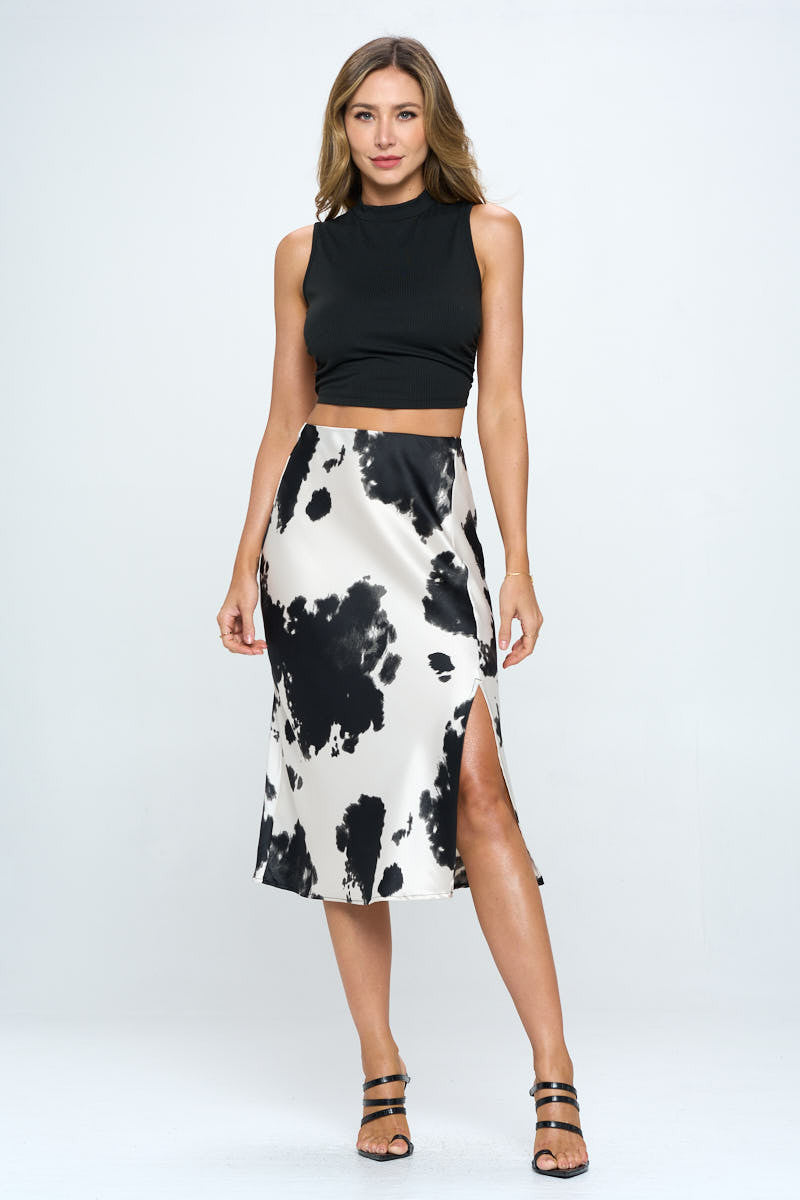Satin Cow Print Midi Skirt with Slit-Skirts-Reneecollection-IVORY/BLACK-Small-Urbanheer