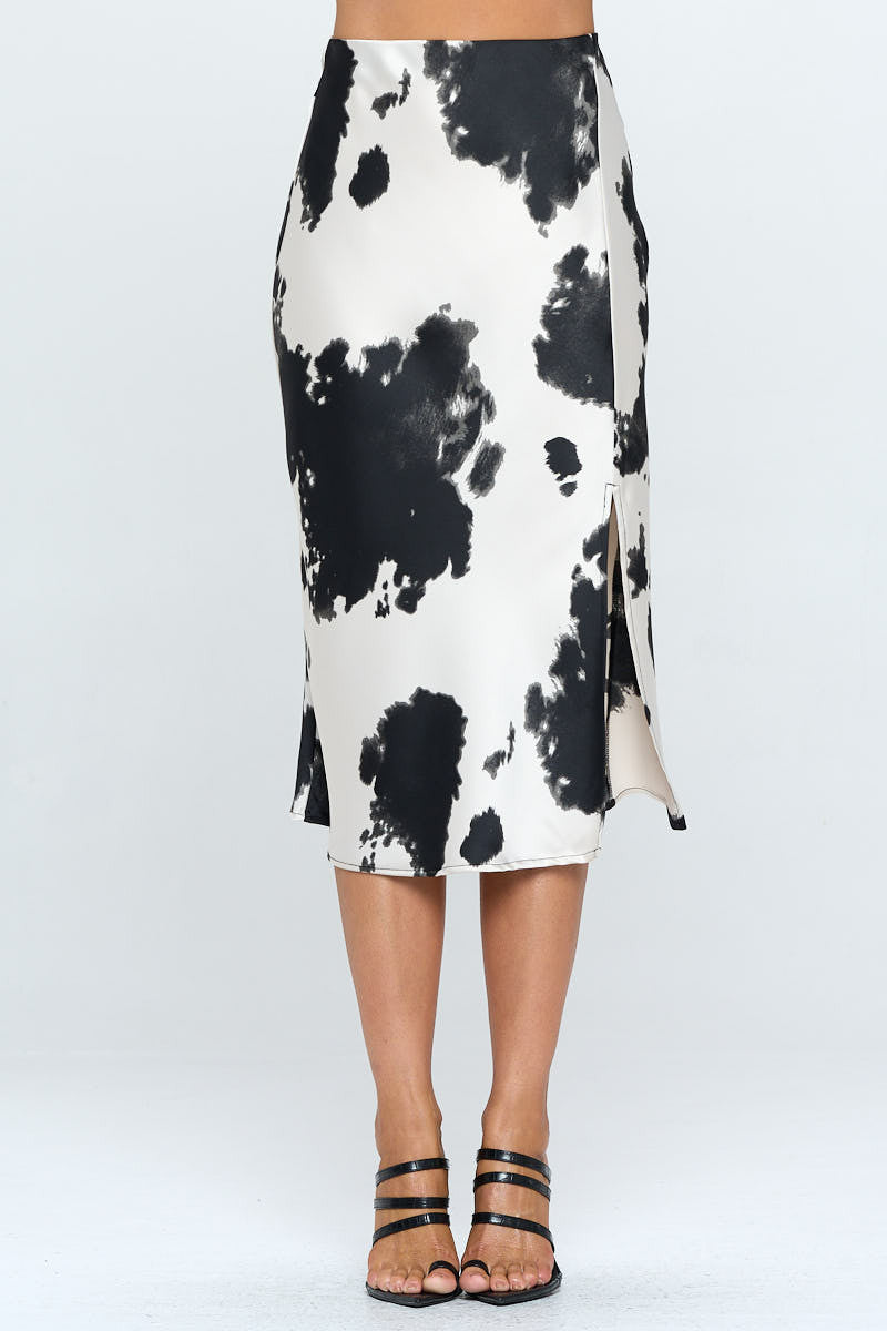 Satin Cow Print Midi Skirt with Slit-Skirts-Reneecollection-IVORY/BLACK-Small-Urbanheer