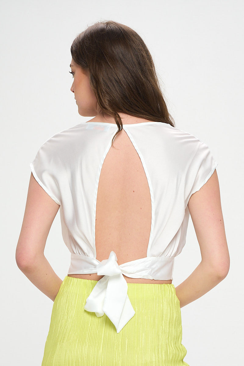 Satin Cowl Neck Short Sleeve Crop Top with Open Back Detail and Tie-New Arrival-Reneecollection-Small-WHITE-Urbanheer
