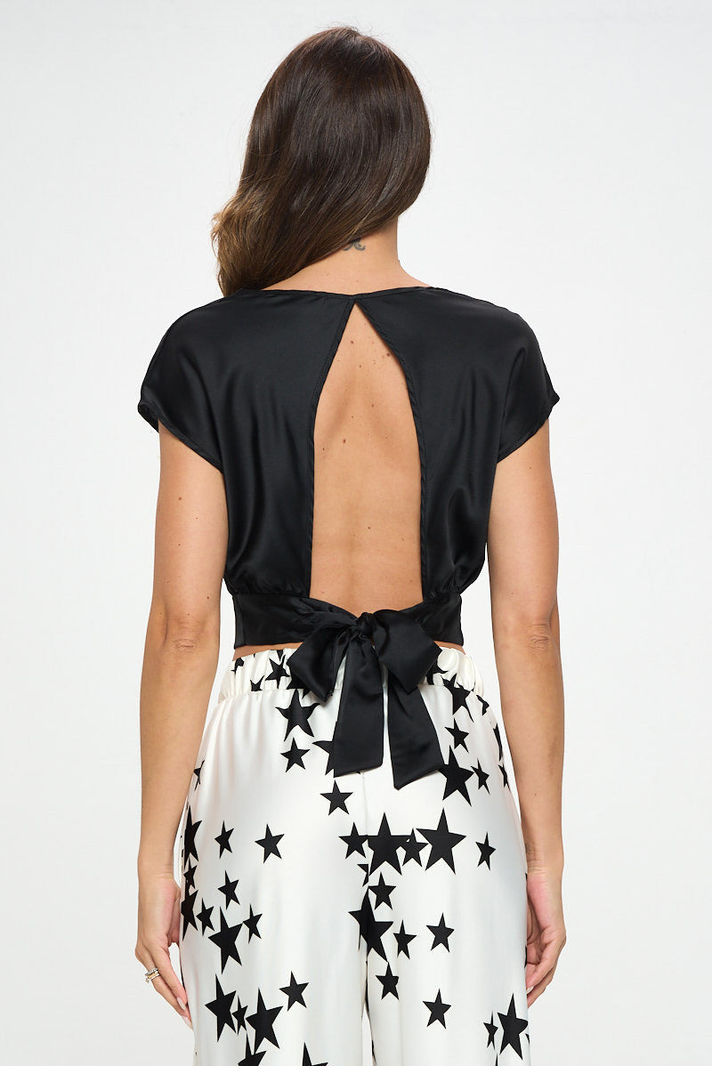 Satin Cowl Neck Short Sleeve Crop Top with Open Back Detail and Tie-New Arrival-Reneecollection-Small-BLACK-Urbanheer