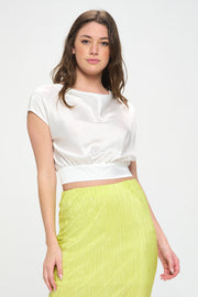 Satin Cowl Neck Short Sleeve Crop Top with Open Back Detail and Tie-New Arrival-Reneecollection-Small-WHITE-Urbanheer