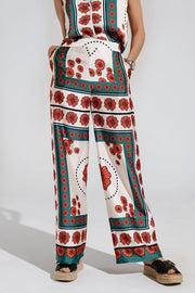 Satin Creme Flared Pants with Floral Design-Pants-Q2-S-White-Urbanheer