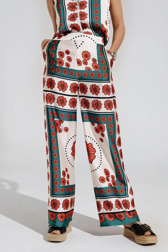 Satin Creme Flared Pants with Floral Design-Pants-Q2-S-White-Urbanheer