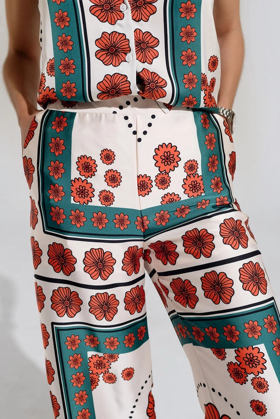 Satin Creme Flared Pants with Floral Design-Pants-Q2-S-White-Urbanheer