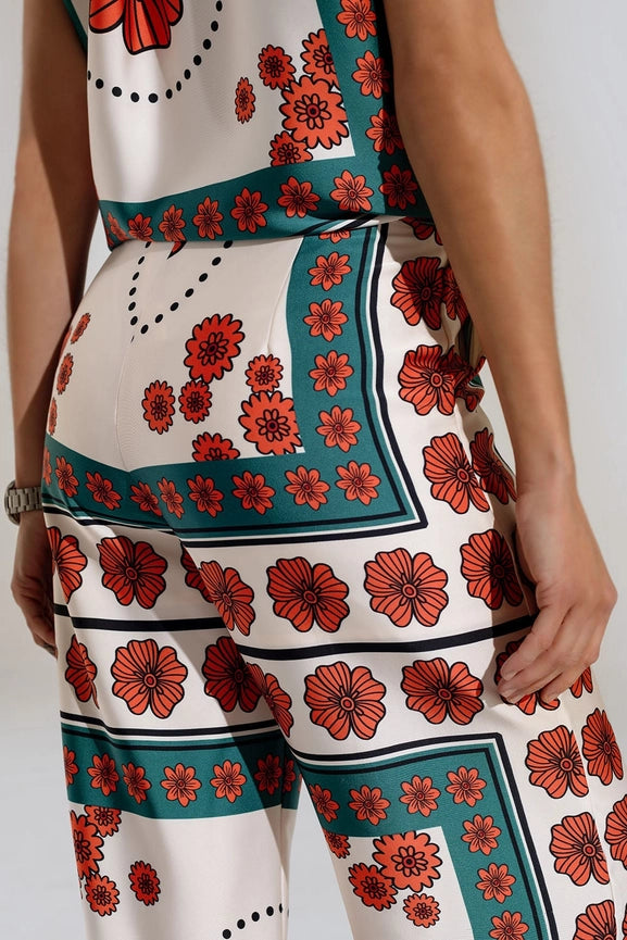 Satin Creme Flared Pants with Floral Design-Pants-Q2-S-White-Urbanheer