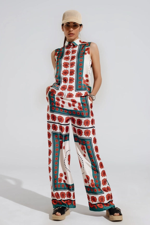 Satin Creme Flared Pants with Floral Design-Pants-Q2-S-White-Urbanheer