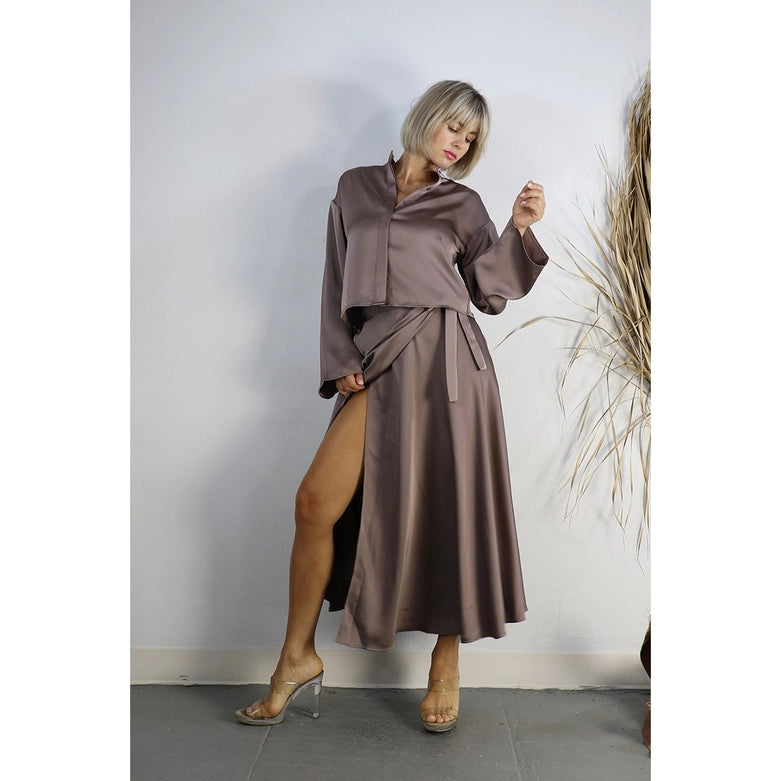 Satin Crop Top with Wrap Skirt Set-Set-Mulla-S-MAUVE BROWN-Urbanheer