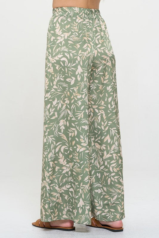 Satin Floral Print Wide Leg Pants with Pockets-Pants-Reneecollection-Small-SAGE-Urbanheer