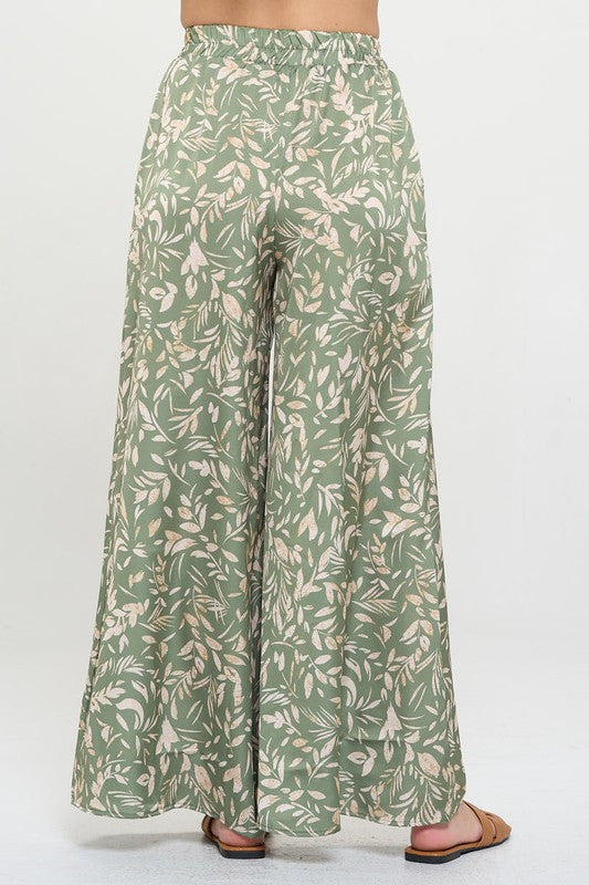 Satin Floral Print Wide Leg Pants with Pockets-Pants-Reneecollection-Small-SAGE-Urbanheer