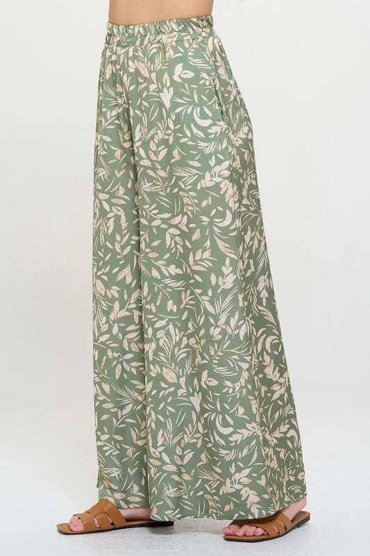 Satin Floral Print Wide Leg Pants with Pockets-Pants-Reneecollection-Small-SAGE-Urbanheer