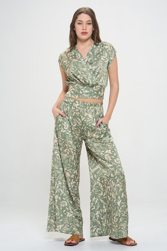 Satin Floral Print Wide Leg Pants with Pockets-Pants-Reneecollection-Small-SAGE-Urbanheer