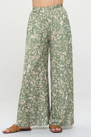 Satin Floral Print Wide Leg Pants with Pockets-Pants-Reneecollection-Small-SAGE-Urbanheer