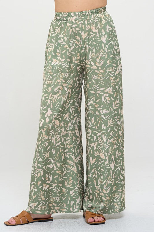 Satin Floral Print Wide Leg Pants with Pockets-Pants-Reneecollection-Small-SAGE-Urbanheer