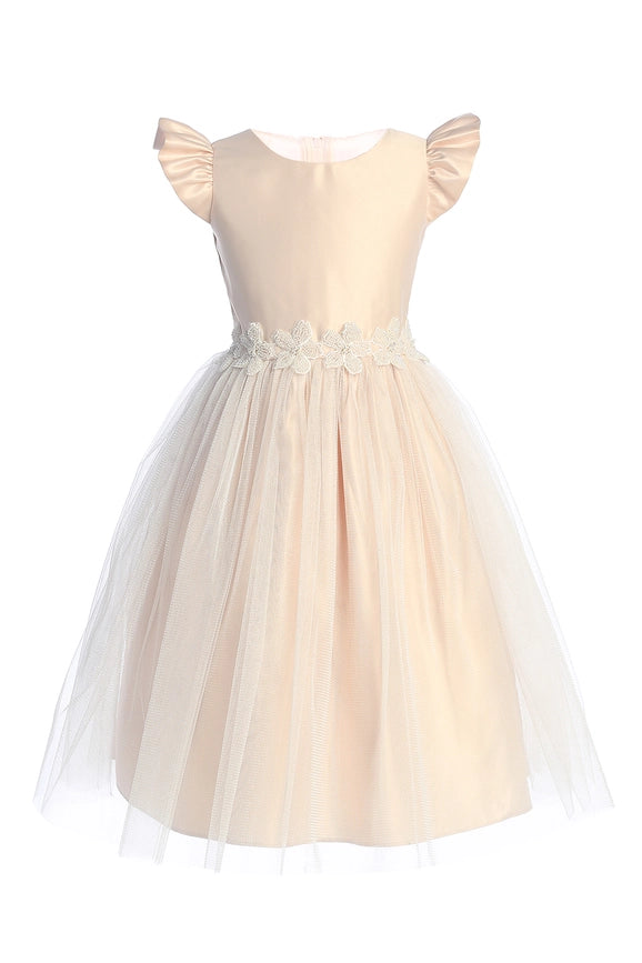 Satin Flutter Sleeve with Tulle & Flower Patch-Baby Girl Dress-Sweet Kids, Inc.-L (18mths)-blush-Urbanheer