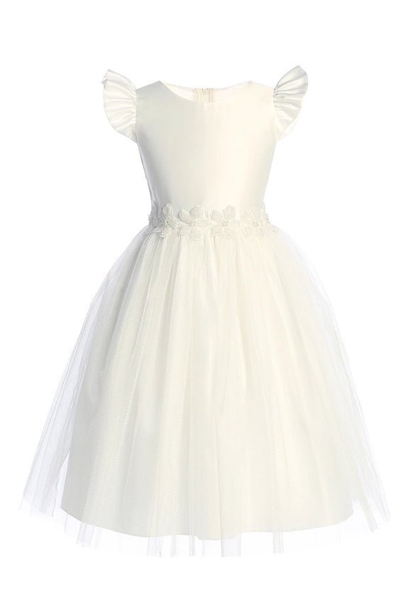 Satin Flutter Sleeve with Tulle & Flower Patch-Baby Girl Dress-Sweet Kids, Inc.-L (18mths)-off white-Urbanheer
