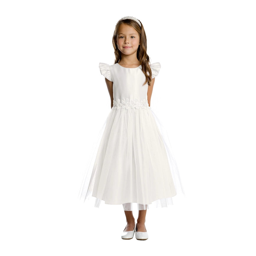 Satin Flutter Sleeve with Tulle & Flower Patch-Baby Girl Dress-Sweet Kids, Inc.-L (18mths)-off white-Urbanheer