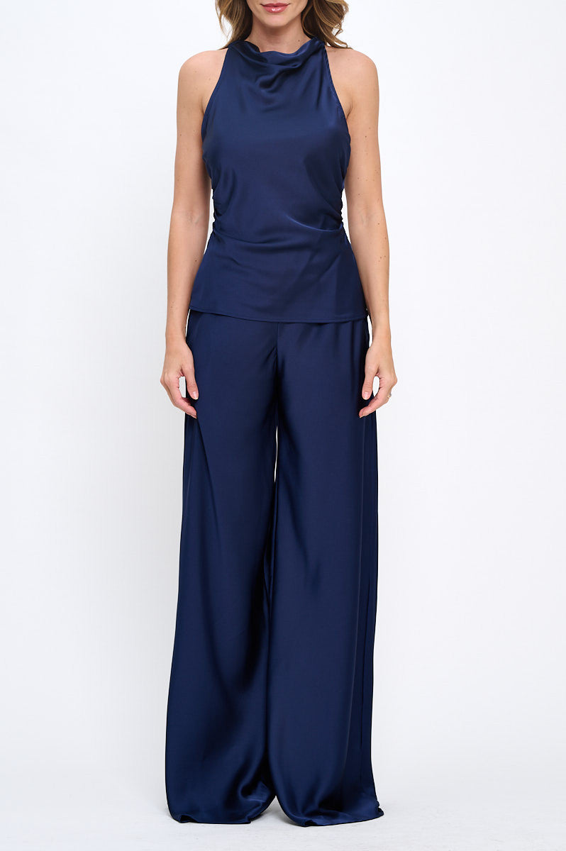 Satin Halter neck Sleeveless Ruched Top with Open Back-New Arrival-Reneecollection-Small-NAVY-Urbanheer