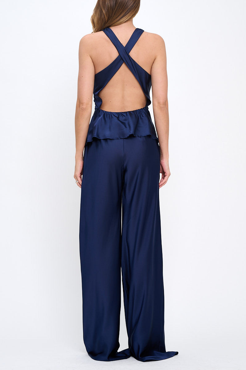 Satin Halter neck Sleeveless Ruched Top with Open Back-New Arrival-Reneecollection-Small-NAVY-Urbanheer