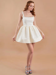 Satin Hand Embroidered Flared Mini Dress Ecru-Dress-JUSTE-36-Ecru-Urbanheer