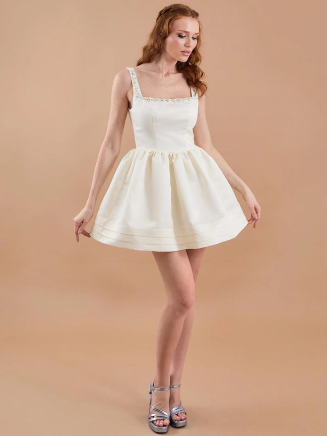 Satin Hand Embroidered Flared Mini Dress Ecru-Dress-JUSTE-36-Ecru-Urbanheer