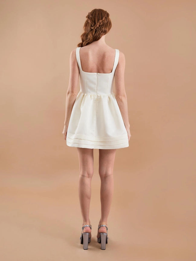 Satin Hand Embroidered Flared Mini Dress Ecru-Dress-JUSTE-36-Ecru-Urbanheer