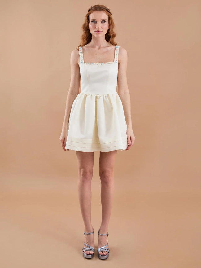Satin Hand Embroidered Flared Mini Dress Ecru-Dress-JUSTE-36-Ecru-Urbanheer
