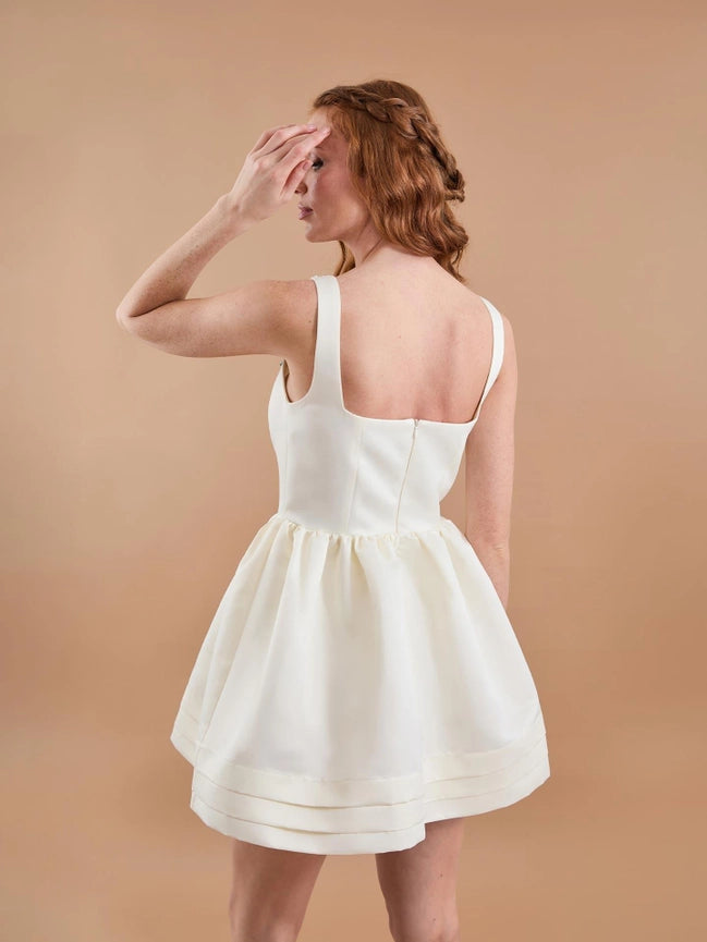 Satin Hand Embroidered Flared Mini Dress Ecru-Dress-JUSTE-36-Ecru-Urbanheer