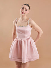 Satin Hand Embroidered Flared Mini Dress Powder-Dress-JUSTE-38-Powder-Urbanheer