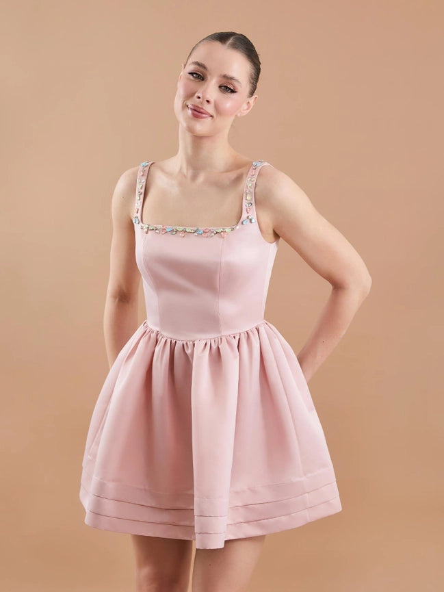 Satin Hand Embroidered Flared Mini Dress Powder-Dress-JUSTE-38-Powder-Urbanheer