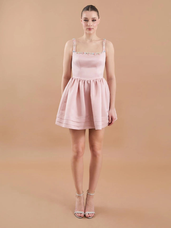 Satin Hand Embroidered Flared Mini Dress Powder-Dress-JUSTE-38-Powder-Urbanheer