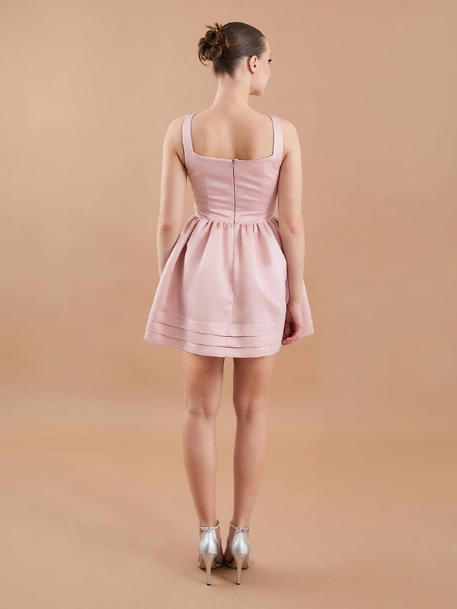 Satin Hand Embroidered Flared Mini Dress Powder-Dress-JUSTE-38-Powder-Urbanheer