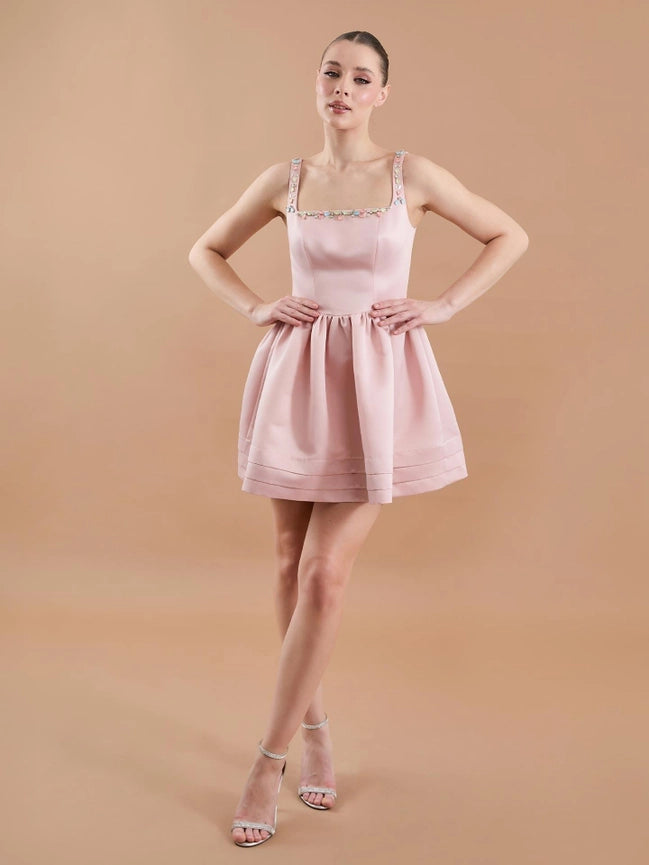 Satin Hand Embroidered Flared Mini Dress Powder-Dress-JUSTE-38-Powder-Urbanheer