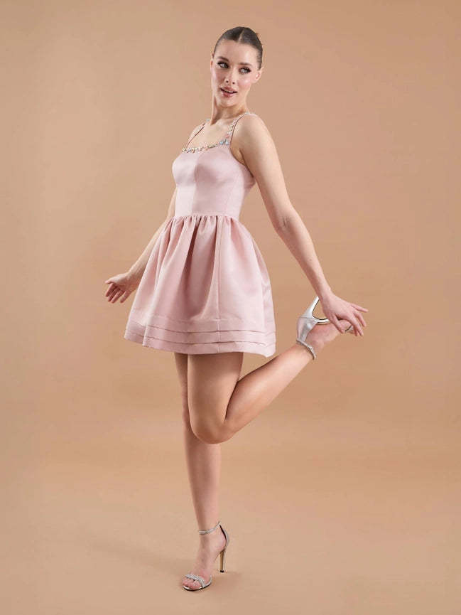 Satin Hand Embroidered Flared Mini Dress Powder-Dress-JUSTE-38-Powder-Urbanheer