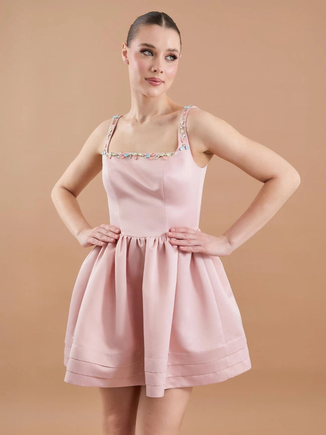 Satin Hand Embroidered Flared Mini Dress Powder-Dress-JUSTE-38-Powder-Urbanheer