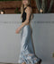 Satin Lace Trim Midi Skirt - Light Blue