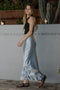 Satin Lace Trim Midi Skirt - Light Blue