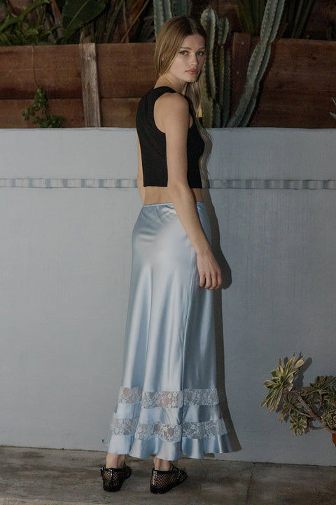 Satin Lace Trim Midi Skirt - Light Blue