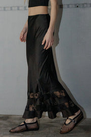 Satin Lace Trim Midi Skirt - Black