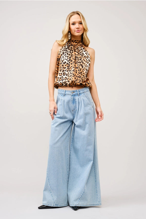 Satin Leopard Mock Neck Halter Top-Top-Blue B-S-LEOPARD-Urbanheer