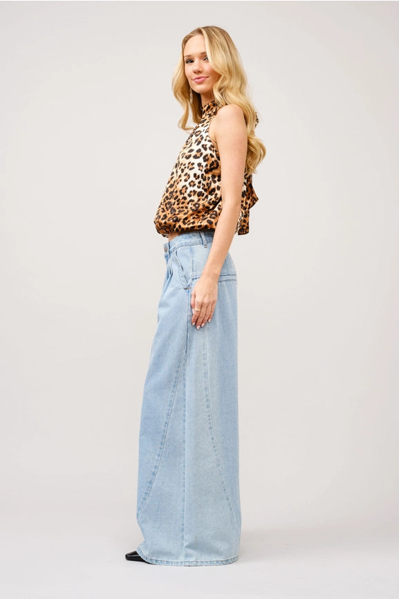 Satin Leopard Mock Neck Halter Top-Top-Blue B-S-LEOPARD-Urbanheer