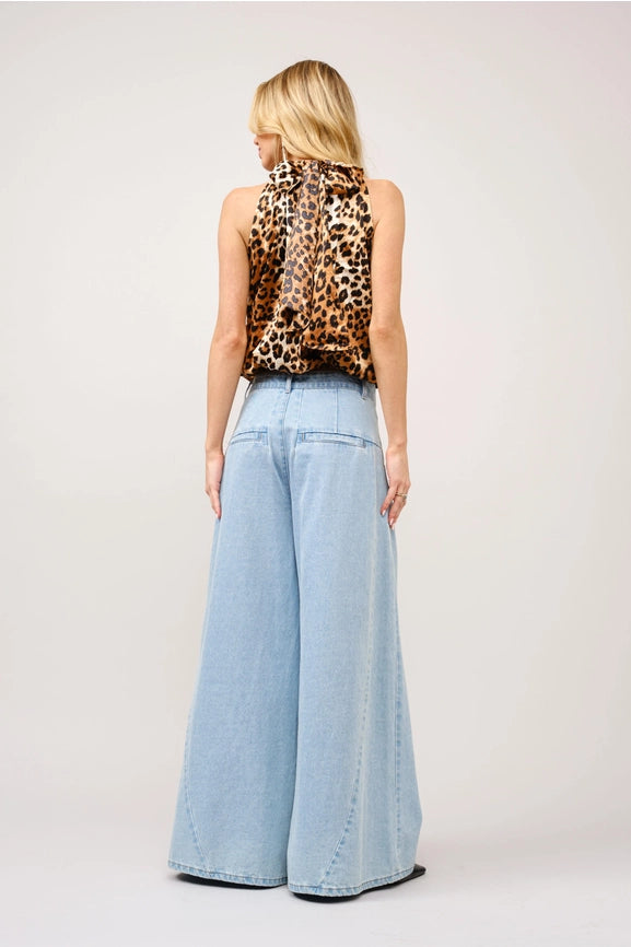 Satin Leopard Mock Neck Halter Top-Top-Blue B-S-LEOPARD-Urbanheer