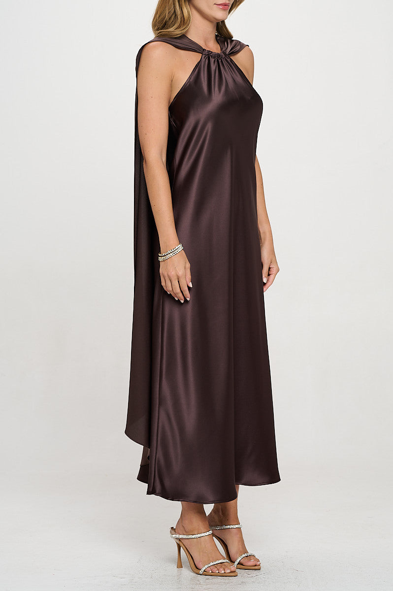 Satin Maxi Dress With Cape-2