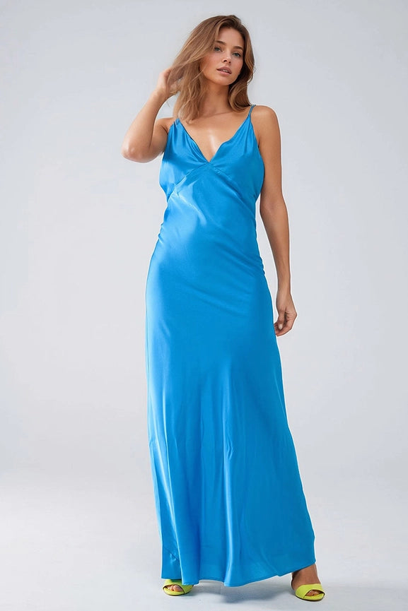 Satin Maxi Dress with Spaghetti Straps in Blue-Dress-Q2-S-Blue-Urbanheer