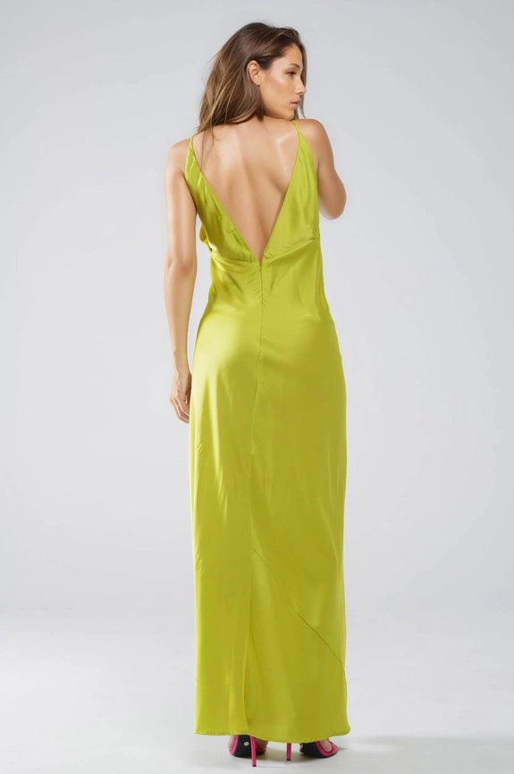 Satin Maxi Dress with Spaghetti Straps in Lime Green-Dress-Q2-S-Green-Urbanheer