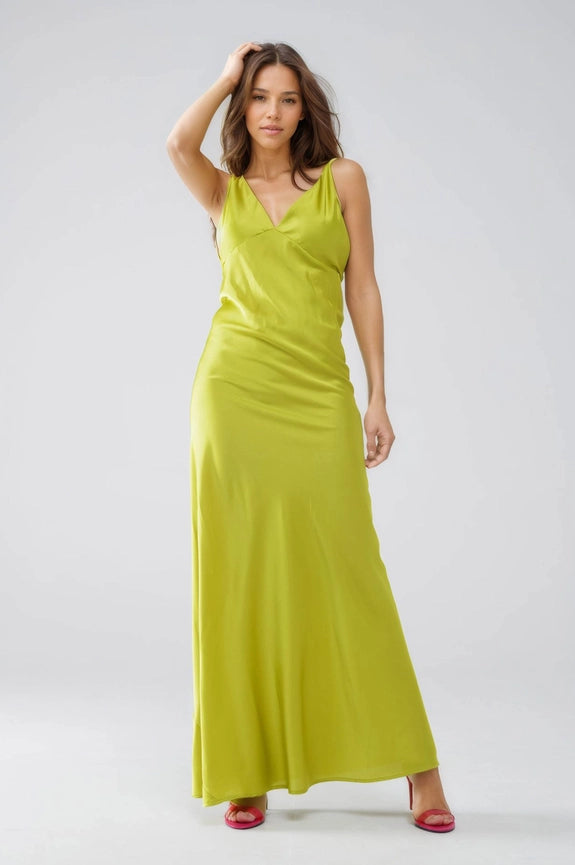 Satin Maxi Dress with Spaghetti Straps in Lime Green-Dress-Q2-S-Green-Urbanheer